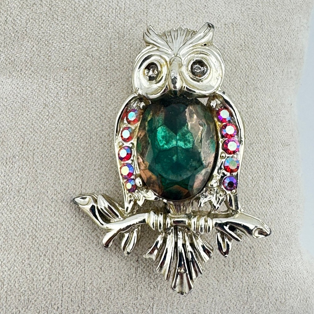 Vintage 1960s Owl Brooch Green Glass Cabochon AB Rhinestone Silver Tone Pin MCM